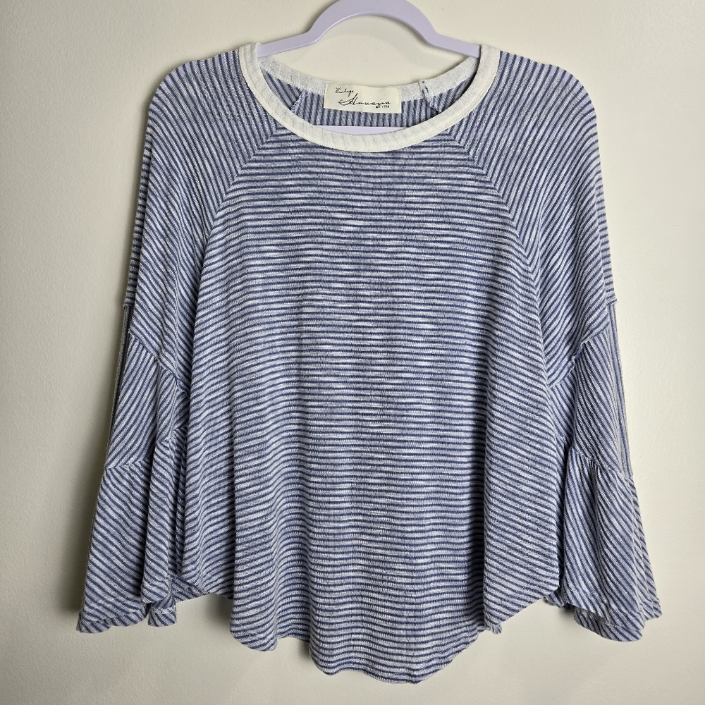 VINTAGE HAVANA Striped Dolman‎ Bell Flowy Sleeve Blue Striped Top S